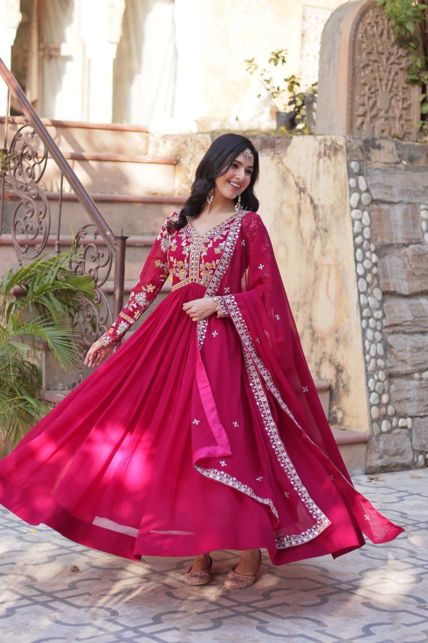 Magnificent Faux Georgette Zari Sequins Embroidered Gown With Dupatta - Ethnicwish