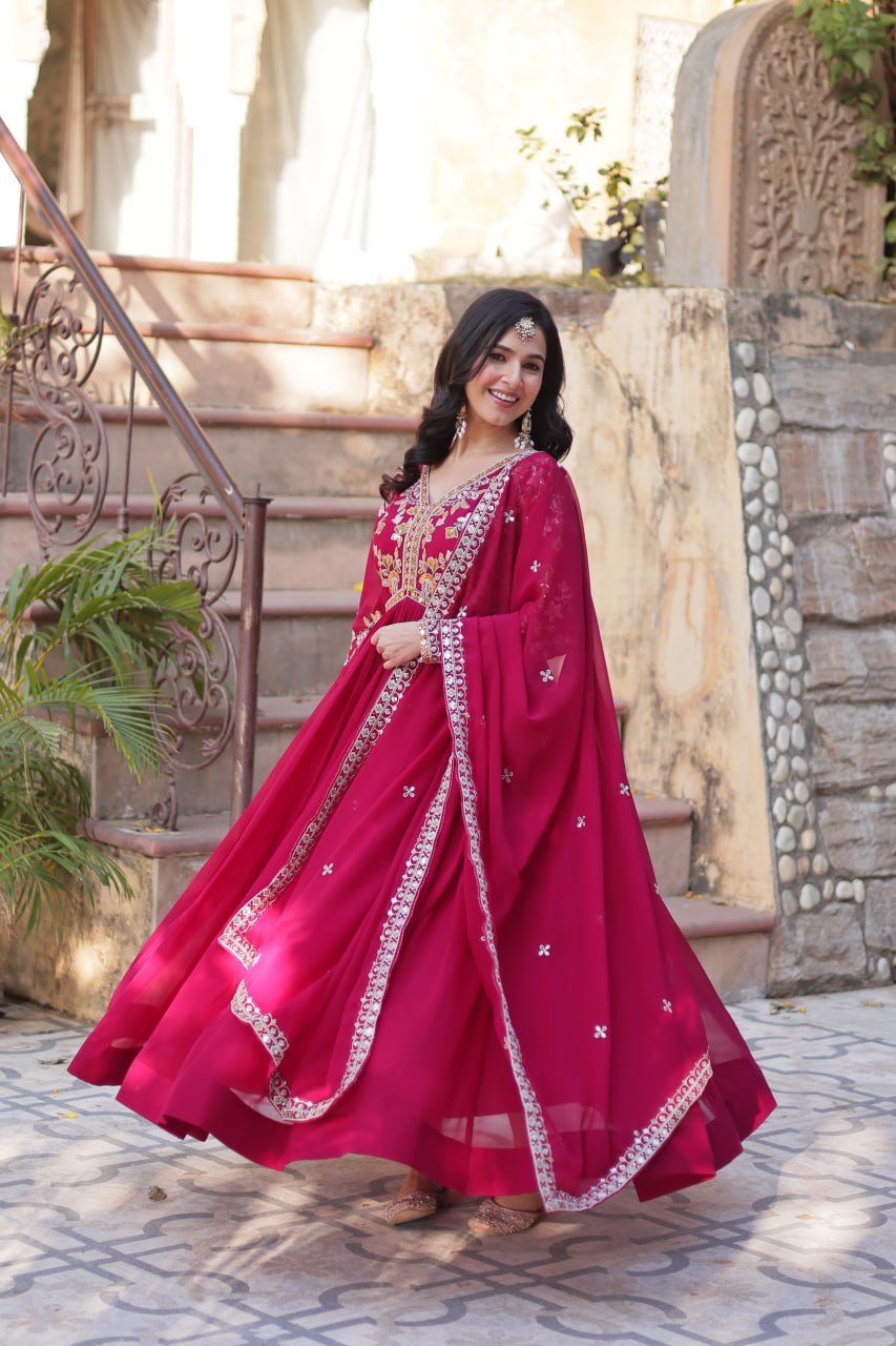 Magnificent Faux Georgette Zari Sequins Embroidered Gown With Dupatta - Ethnicwish