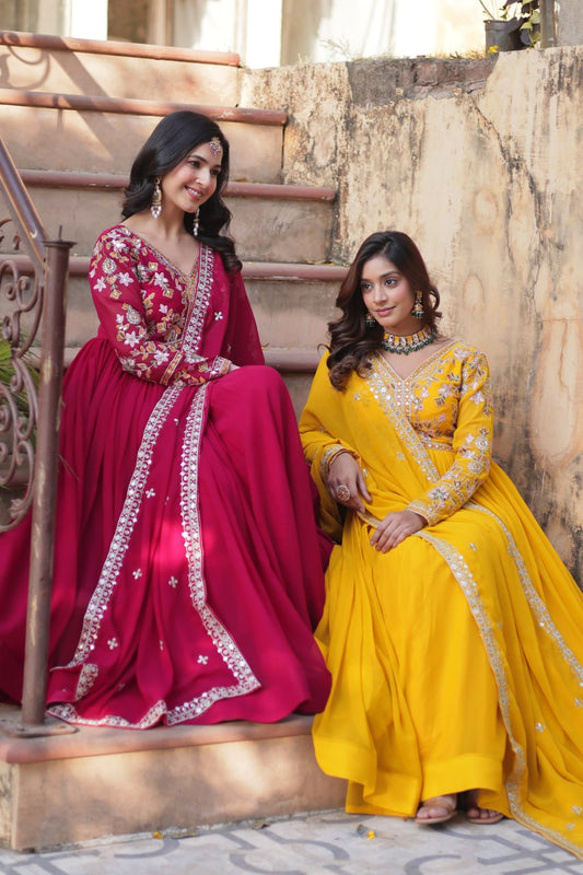 Magnificent Faux Georgette Zari Sequins Embroidered Gown With Dupatta - Ethnicwish