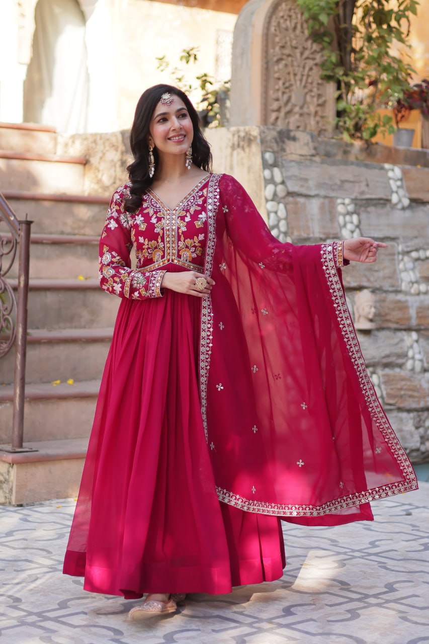 Magnificent Faux Georgette Zari Sequins Embroidered Gown With Dupatta - Ethnicwish