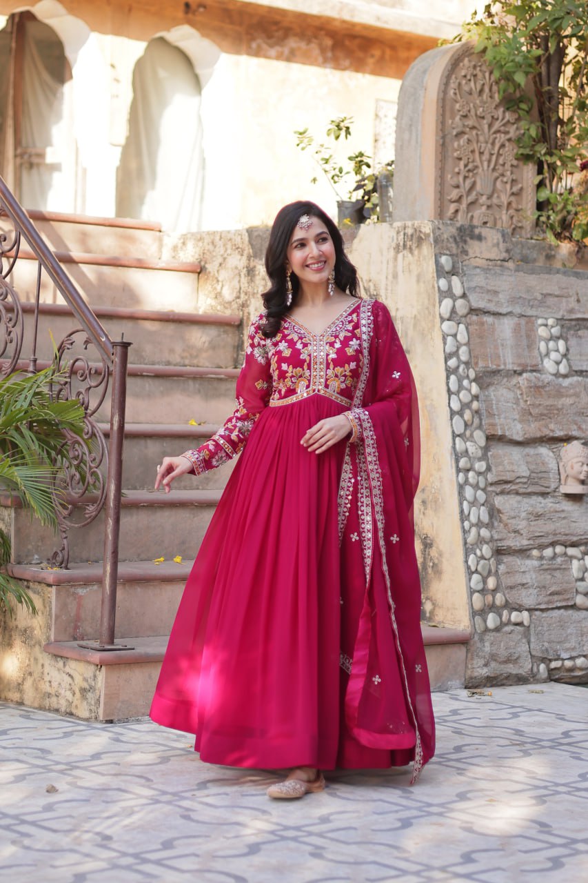 Magnificent Faux Georgette Zari Sequins Embroidered Gown With Dupatta - Ethnicwish