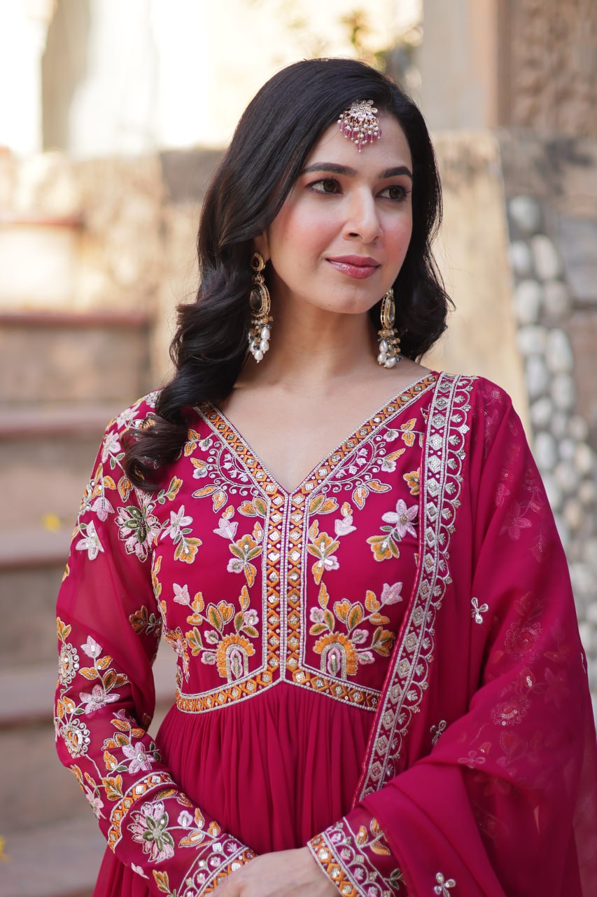 Magnificent Faux Georgette Zari Sequins Embroidered Gown With Dupatta - Ethnicwish