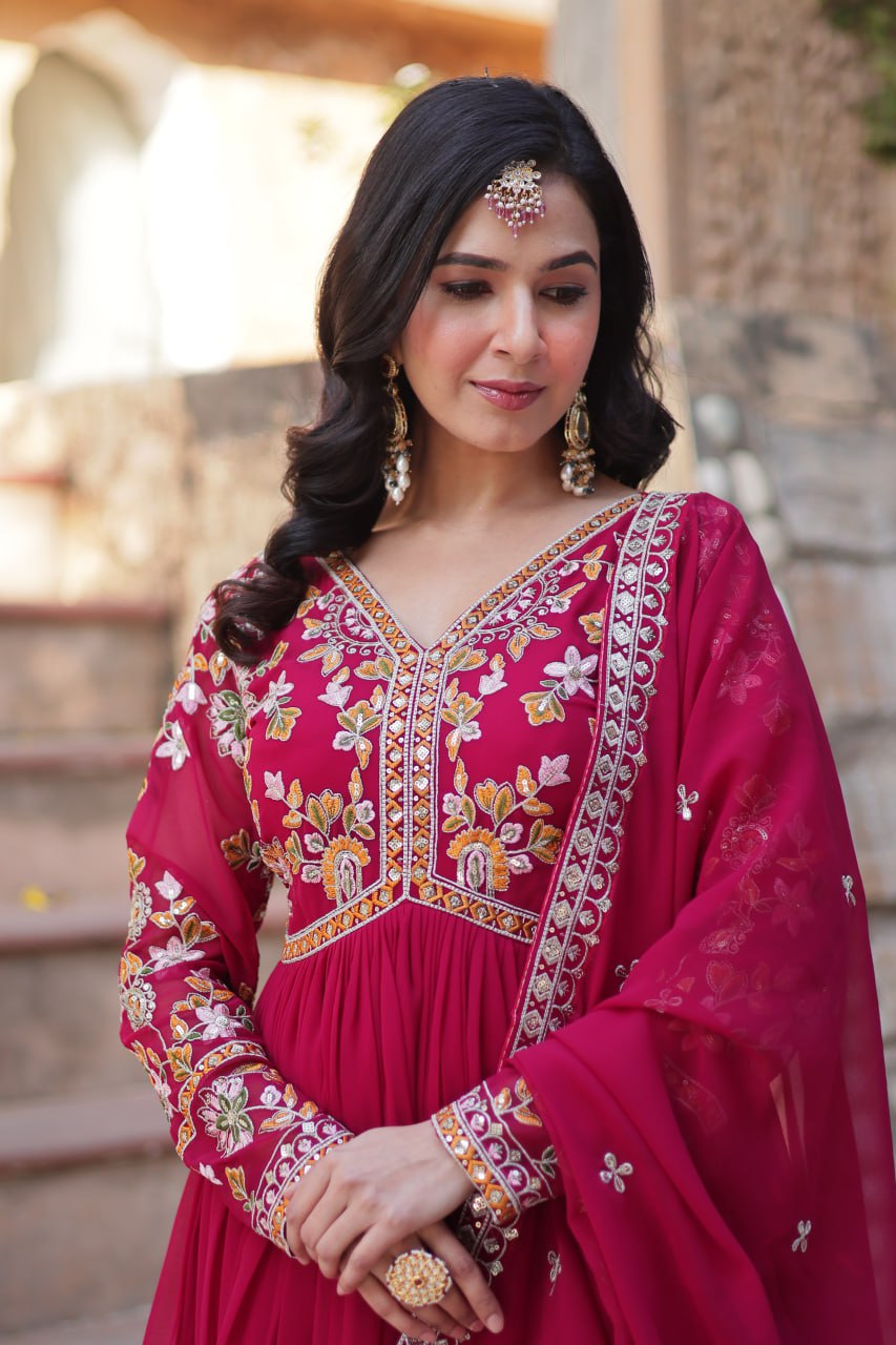 Magnificent Faux Georgette Zari Sequins Embroidered Gown With Dupatta - Ethnicwish
