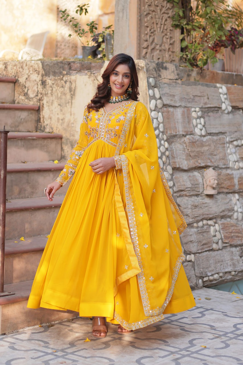 Magnificent Faux Georgette Zari Sequins Embroidered Gown With Dupatta - Ethnicwish