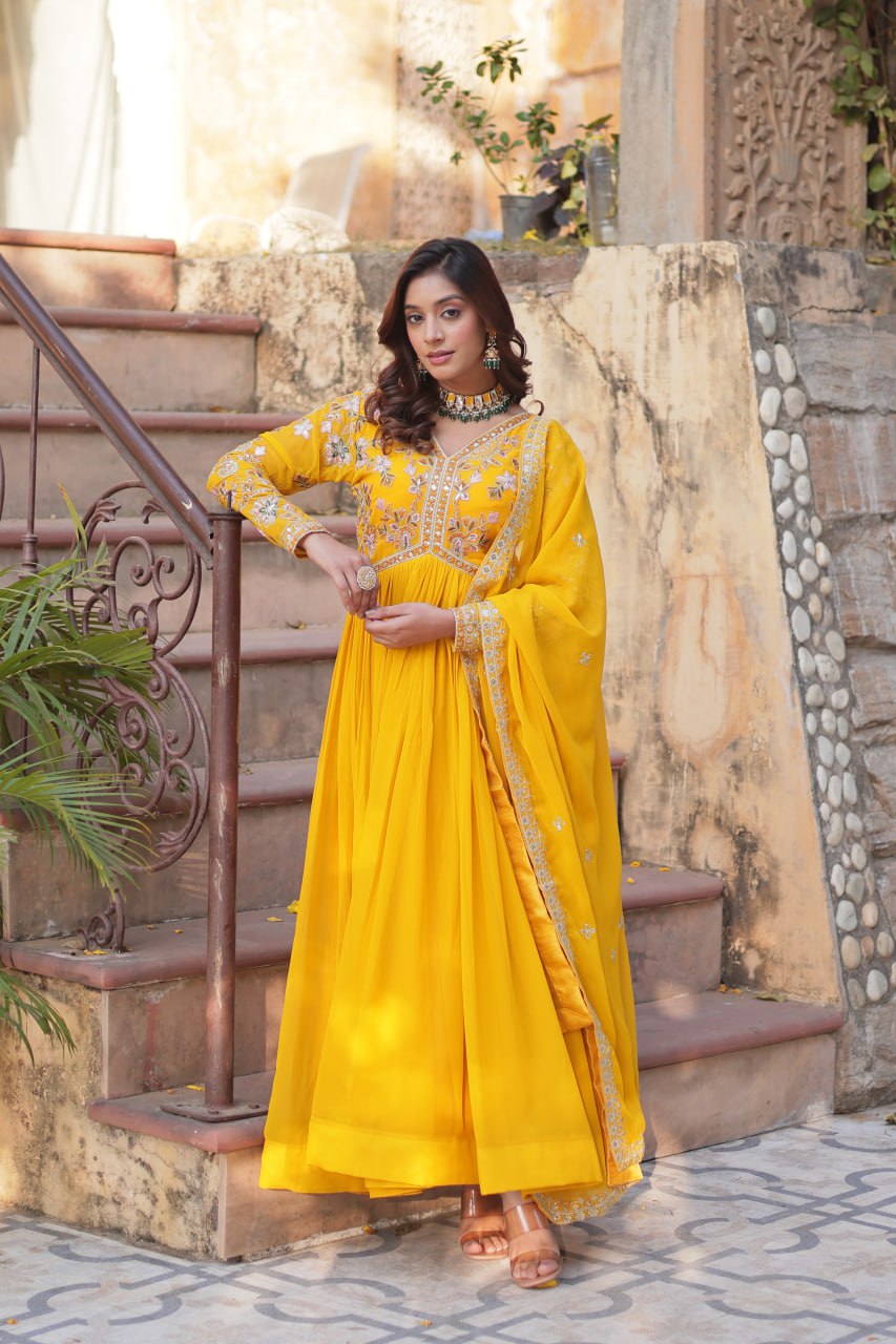 Magnificent Faux Georgette Zari Sequins Embroidered Gown With Dupatta - Ethnicwish