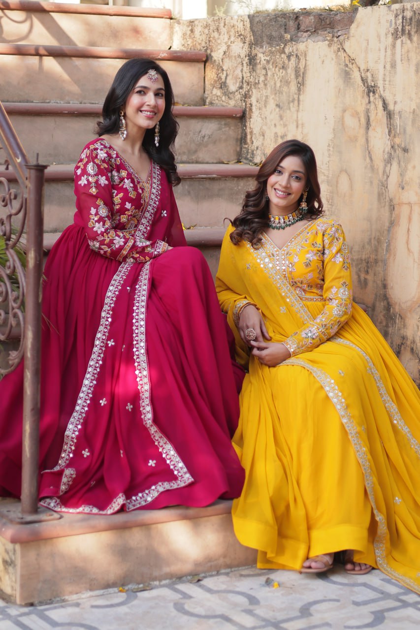 Magnificent Faux Georgette Zari Sequins Embroidered Gown With Dupatta - Ethnicwish