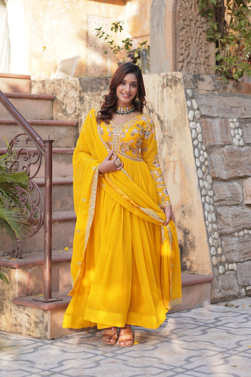 Magnificent Faux Georgette Zari Sequins Embroidered Gown With Dupatta - Ethnicwish