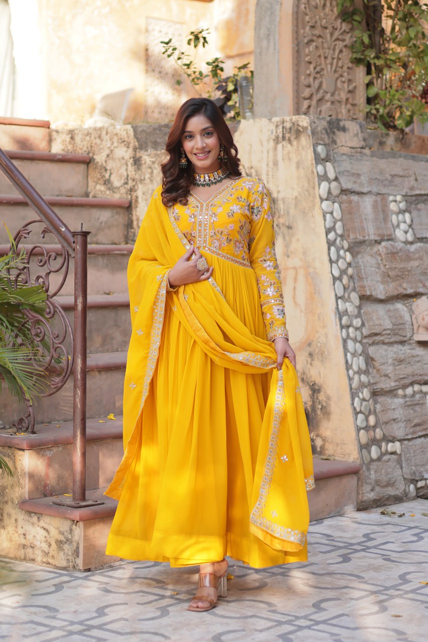 Magnificent Faux Georgette Zari Sequins Embroidered Gown With Dupatta - Ethnicwish