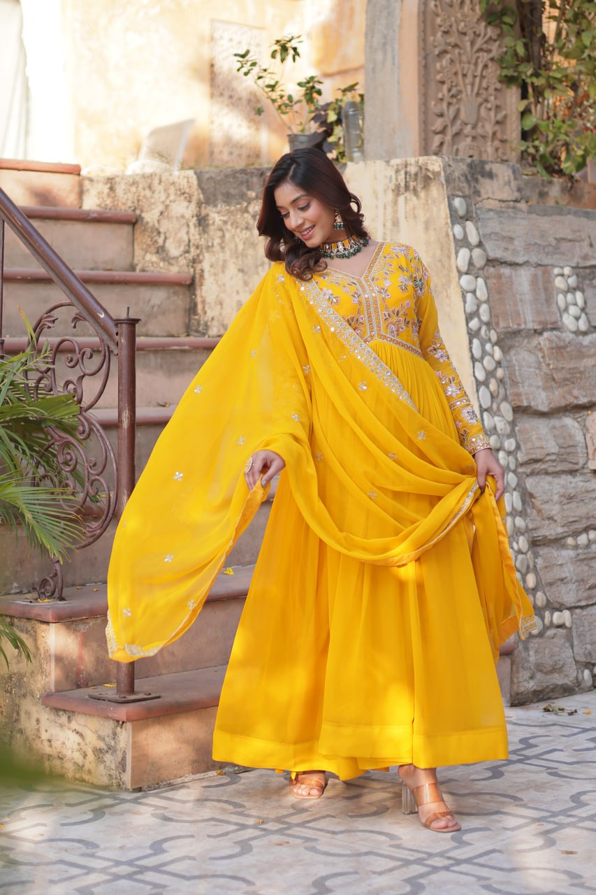 Magnificent Faux Georgette Zari Sequins Embroidered Gown With Dupatta - Ethnicwish
