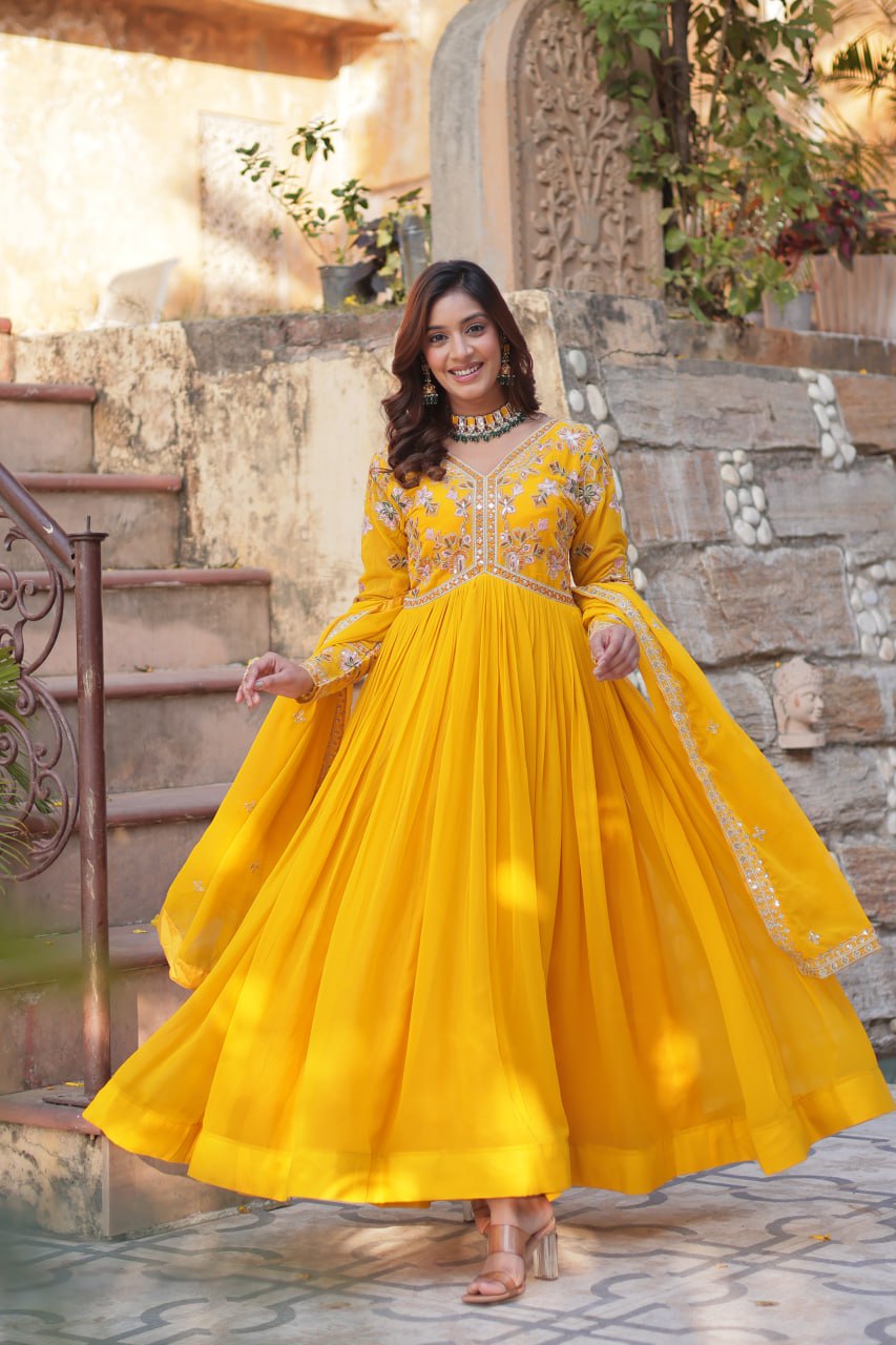 Magnificent Faux Georgette Zari Sequins Embroidered Gown With Dupatta - Ethnicwish