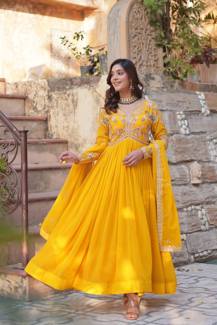 Magnificent Faux Georgette Zari Sequins Embroidered Gown With Dupatta - Ethnicwish
