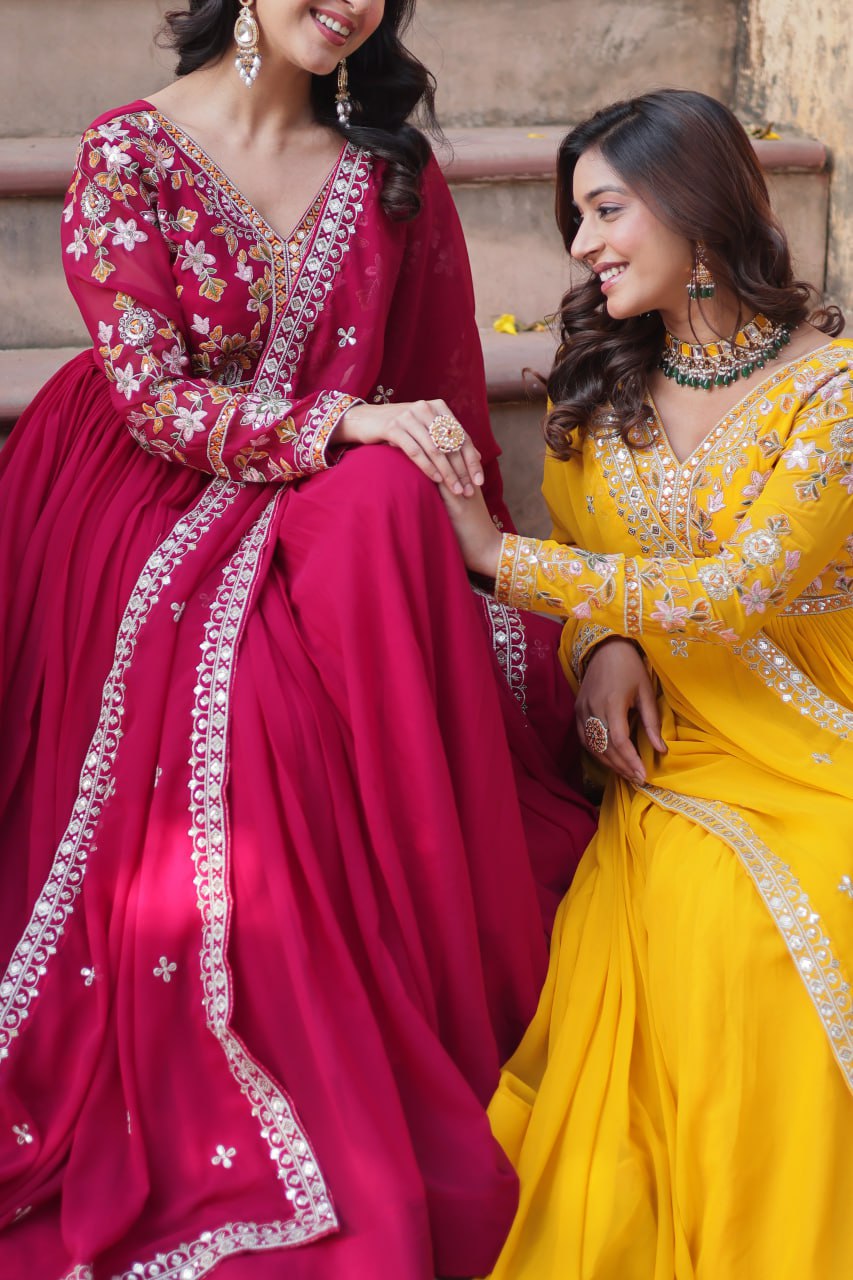 Magnificent Faux Georgette Zari Sequins Embroidered Gown With Dupatta - Ethnicwish