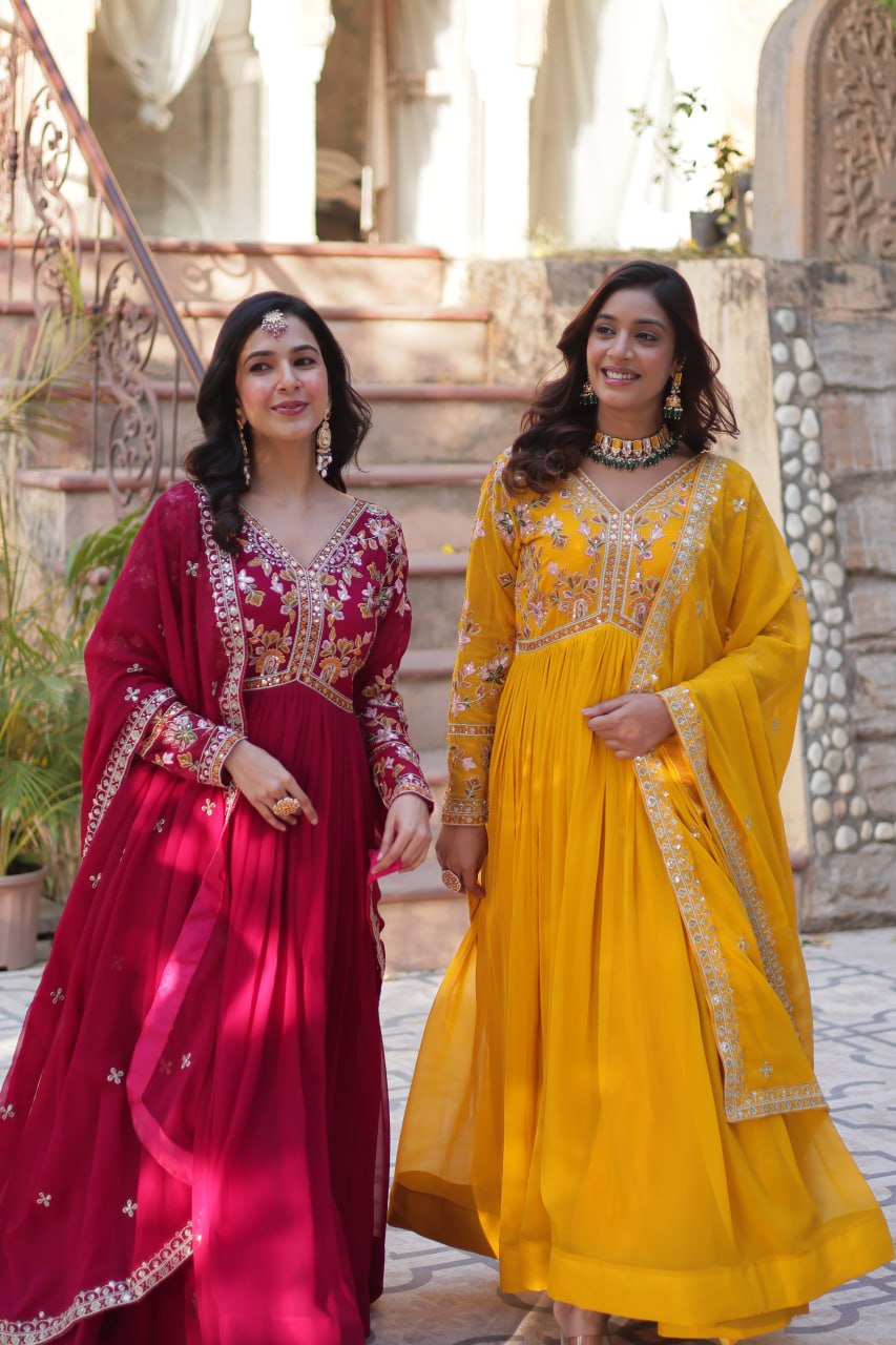 Magnificent Faux Georgette Zari Sequins Embroidered Gown With Dupatta - Ethnicwish