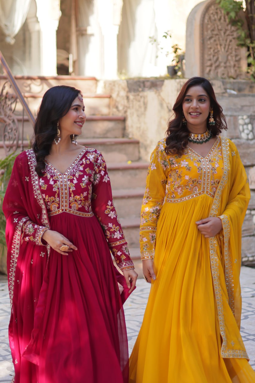 Magnificent Faux Georgette Zari Sequins Embroidered Gown With Dupatta - Ethnicwish