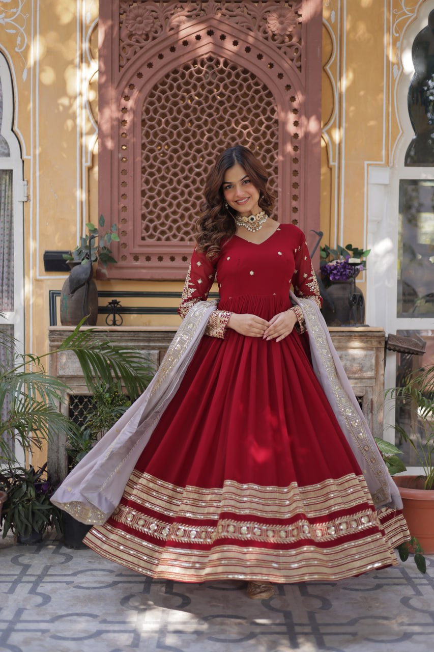 Spellbinding Maroon Faux Georgettte Embroidered Sequins Worked Gown - Ethnicwish
