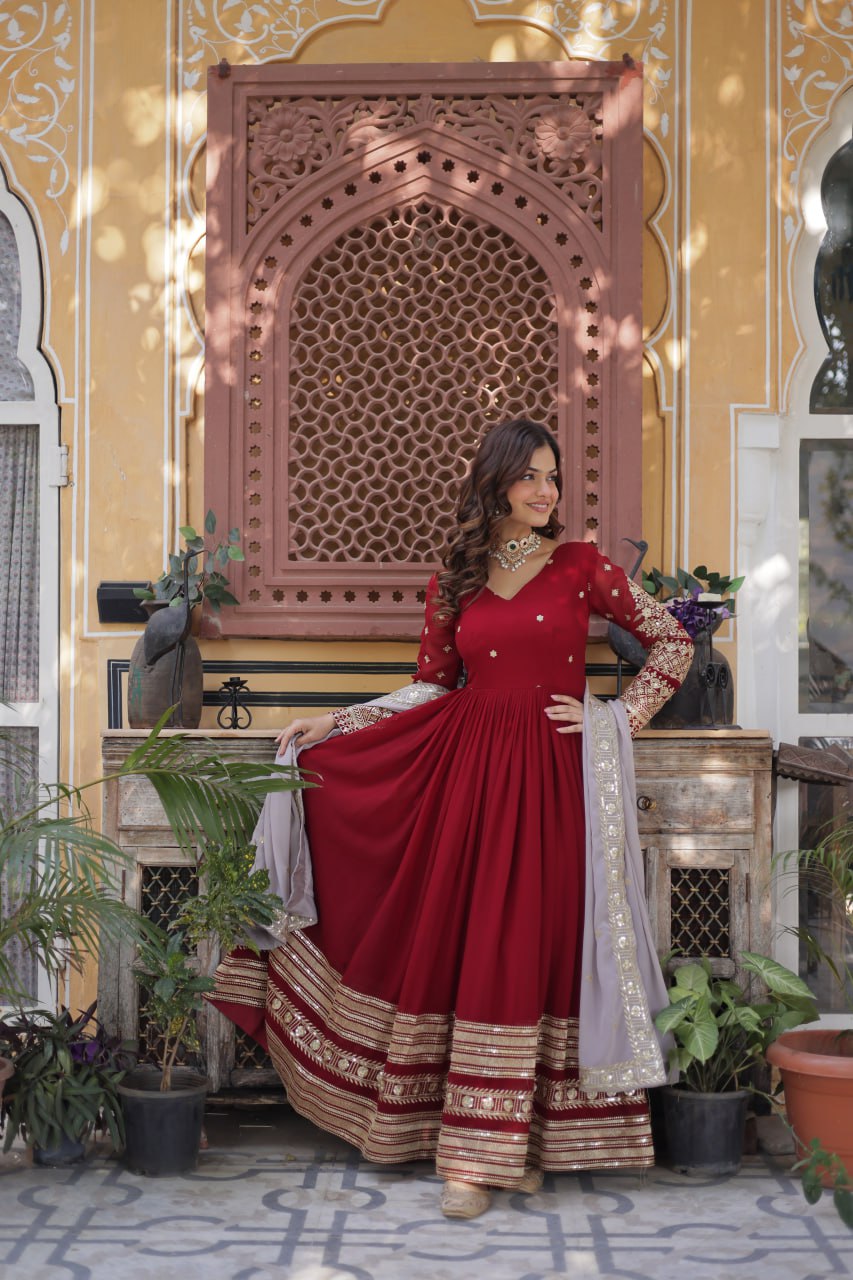 Spellbinding Maroon Faux Georgettte Embroidered Sequins Worked Gown - Ethnicwish