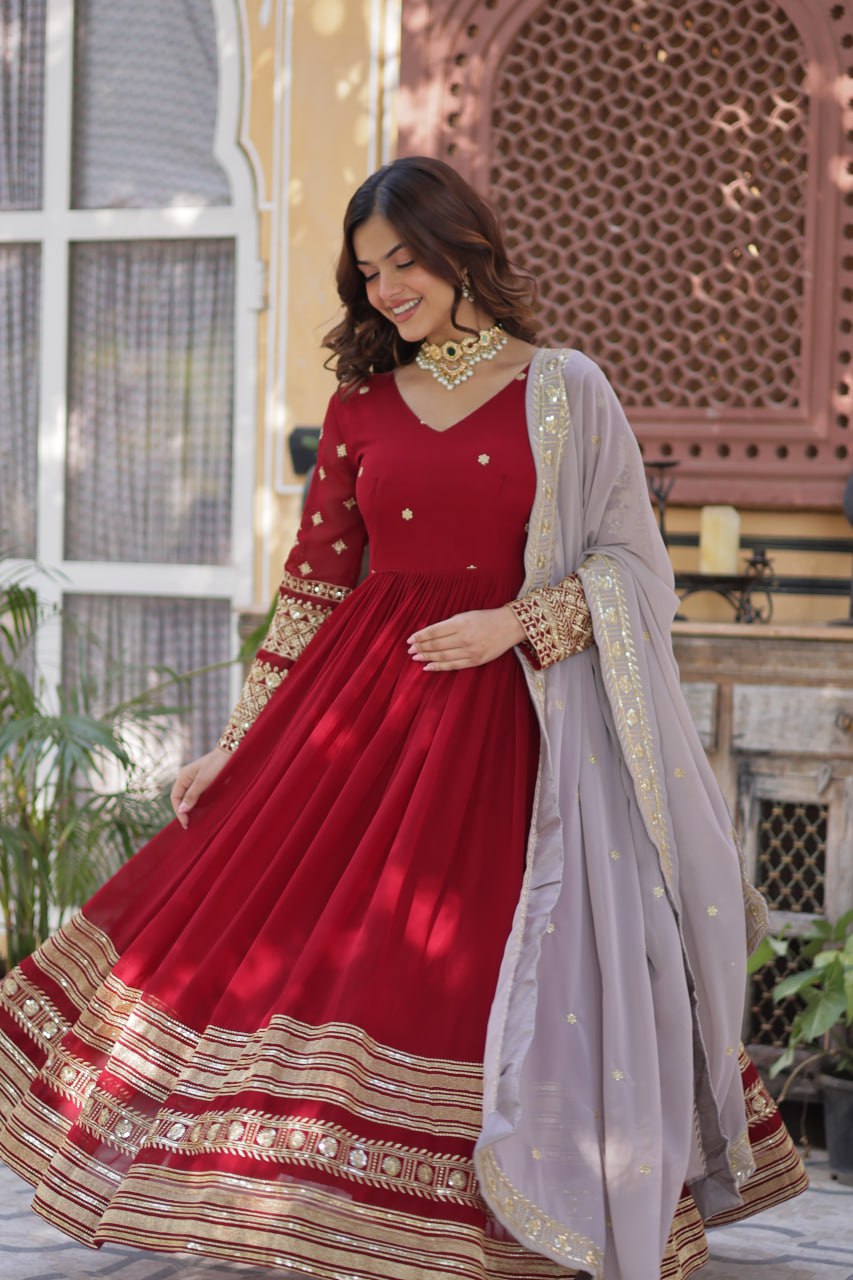Spellbinding Maroon Faux Georgettte Embroidered Sequins Worked Gown - Ethnicwish