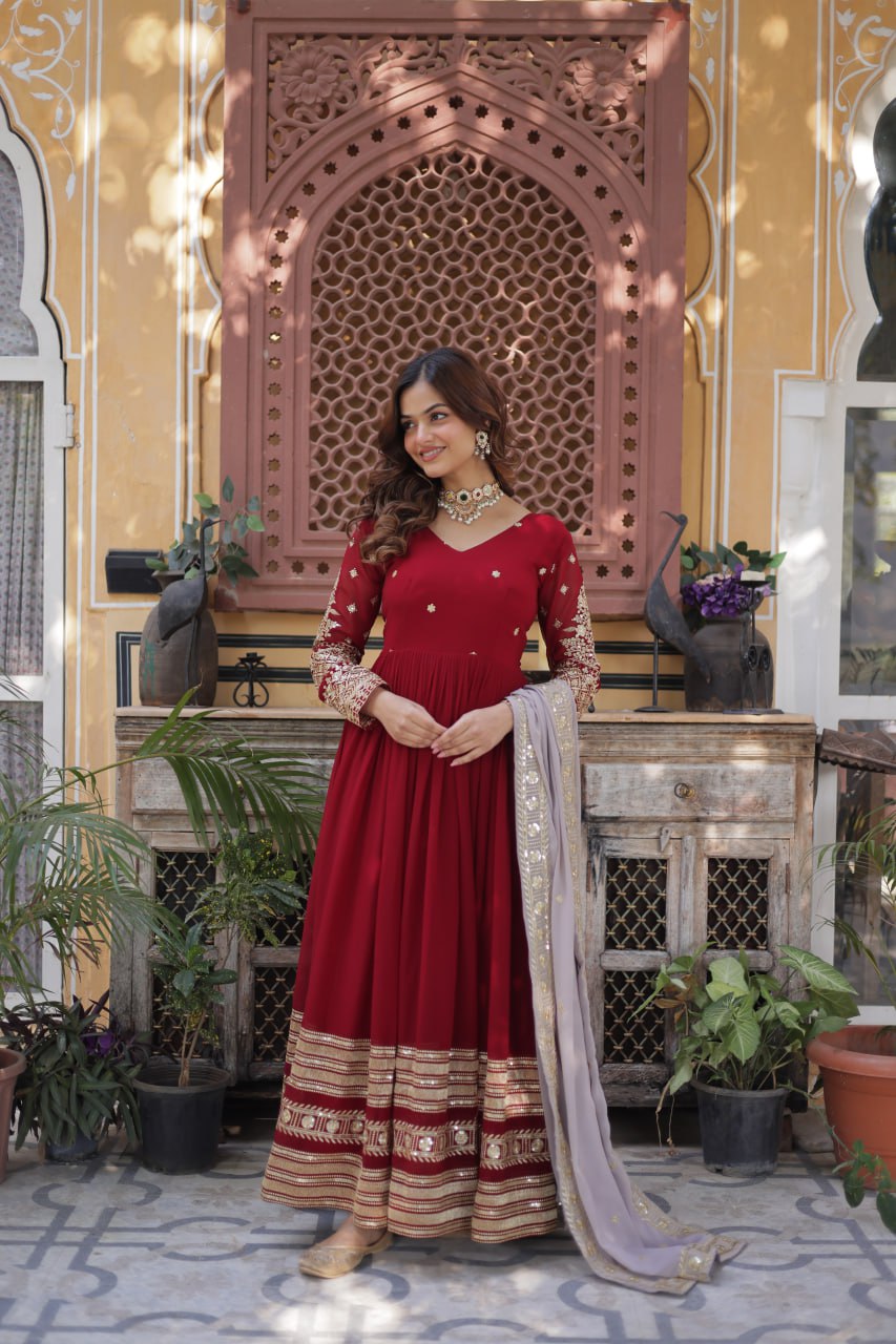 Spellbinding Maroon Faux Georgettte Embroidered Sequins Worked Gown - Ethnicwish