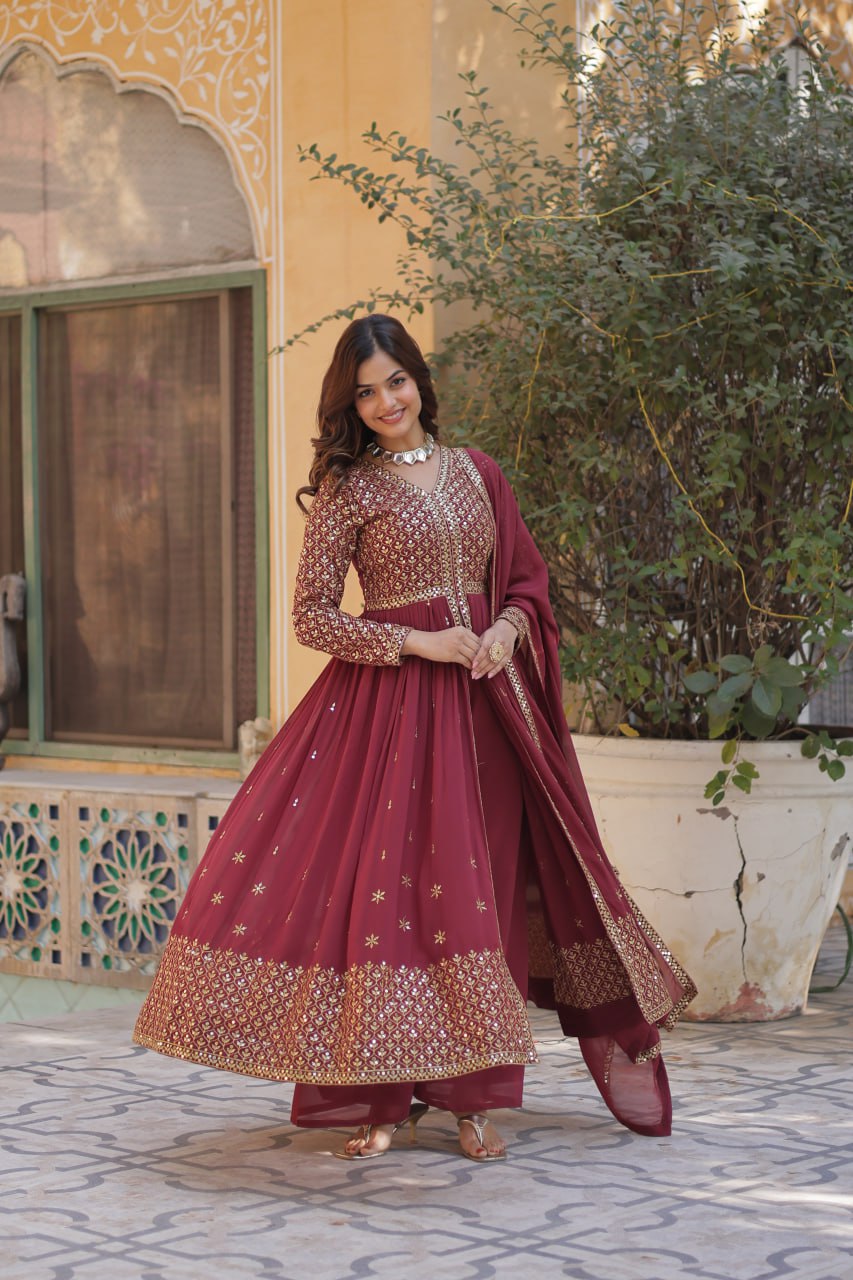 Graceful Elegance – Embroidered Faux Georgette Suit Set - Ethnicwish