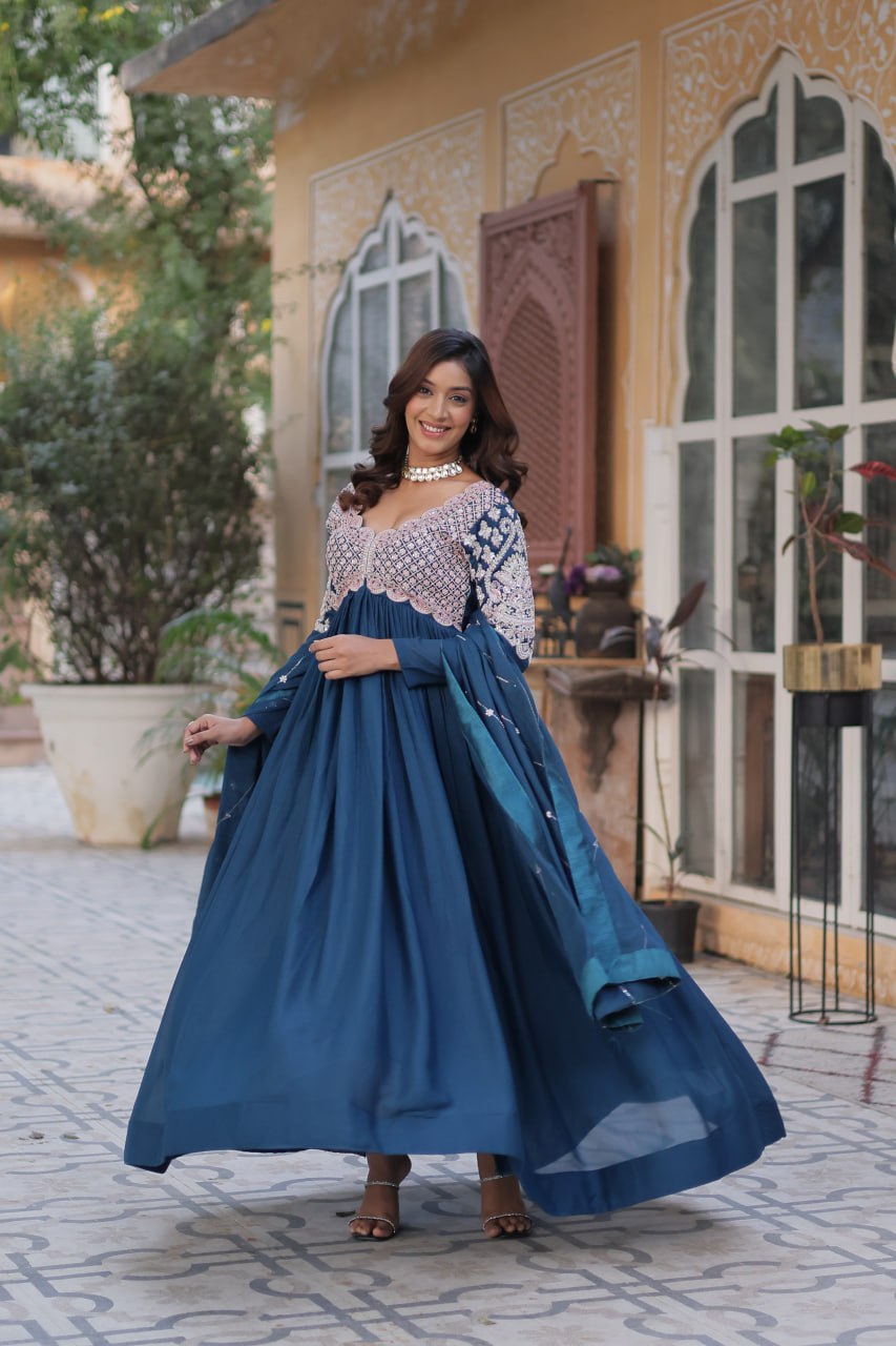 Ethereal Elegance – Embroidered Star Georgette Gown with Dupatta - Ethnicwish
