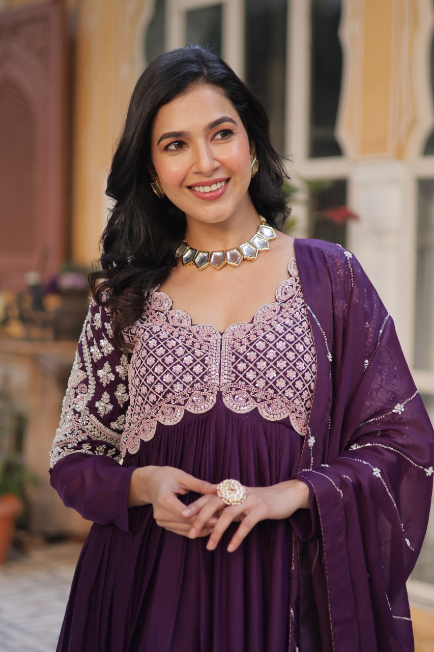 Ethereal Elegance – Embroidered Star Georgette Gown with Dupatta - Ethnicwish