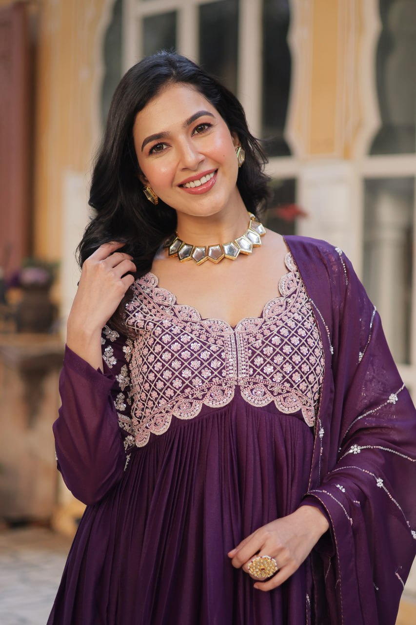 Ethereal Elegance – Embroidered Star Georgette Gown with Dupatta - Ethnicwish