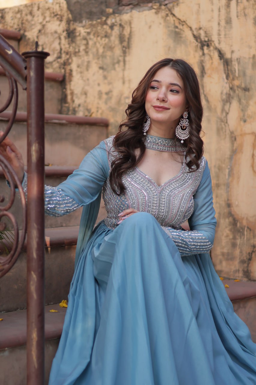 Exquisite Georgette Embroidered Beads Sequins Worked Gown With Dupatta - Ethnicwish