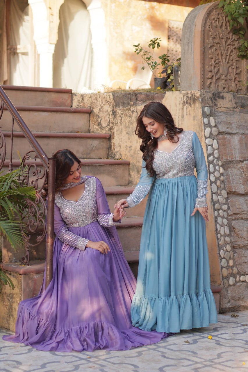 Exquisite Georgette Embroidered Beads Sequins Worked Gown With Dupatta - Ethnicwish