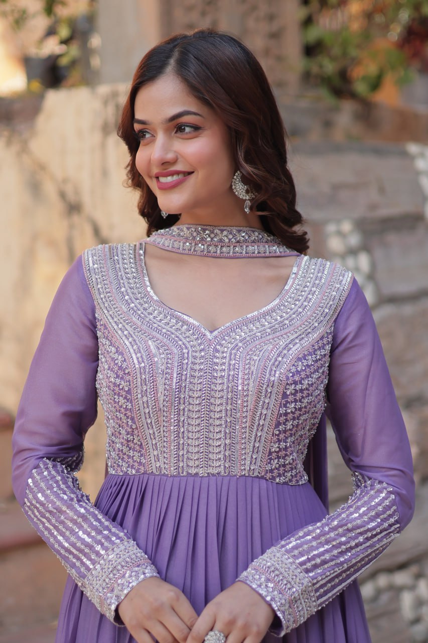 Exquisite Georgette Embroidered Beads Sequins Worked Gown With Dupatta - Ethnicwish