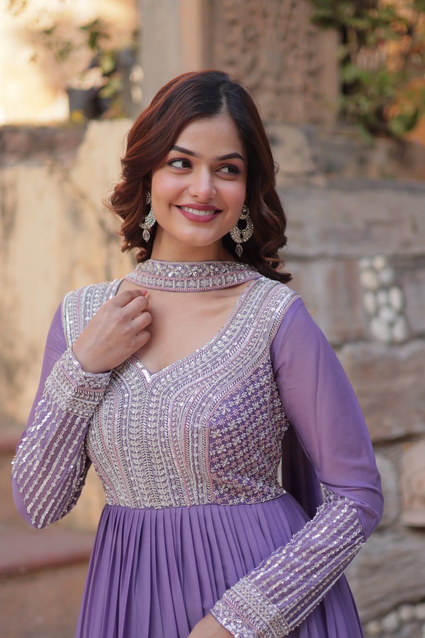 Exquisite Georgette Embroidered Beads Sequins Worked Gown With Dupatta - Ethnicwish