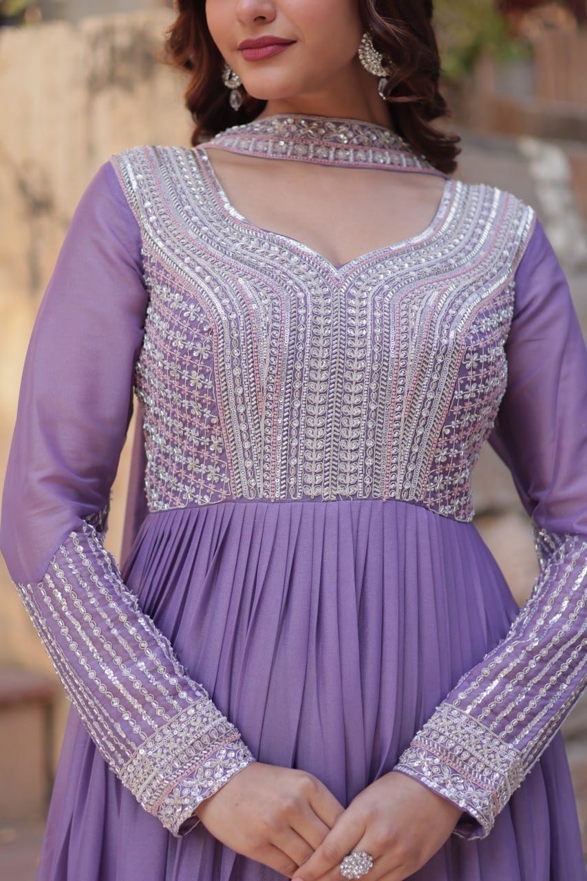Exquisite Georgette Embroidered Beads Sequins Worked Gown With Dupatta - Ethnicwish