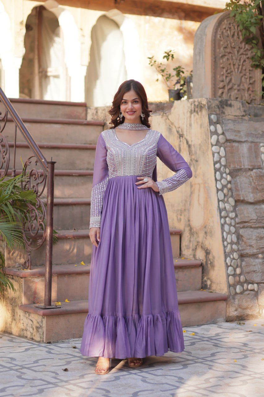 Exquisite Georgette Embroidered Beads Sequins Worked Gown With Dupatta - Ethnicwish