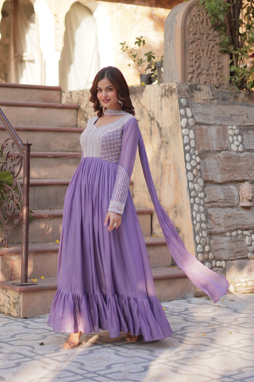 Exquisite Georgette Embroidered Beads Sequins Worked Gown With Dupatta - Ethnicwish