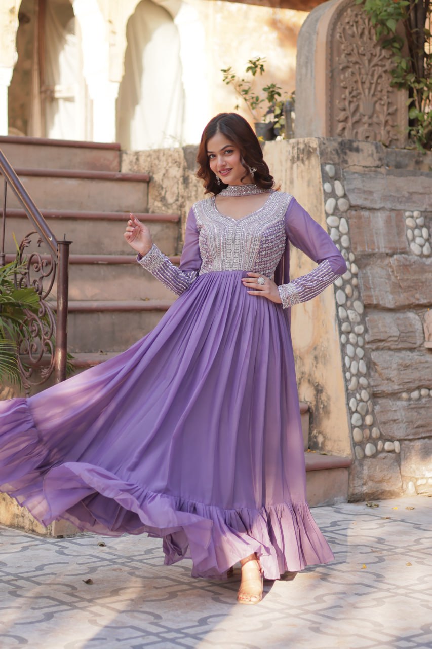 Exquisite Georgette Embroidered Beads Sequins Worked Gown With Dupatta - Ethnicwish