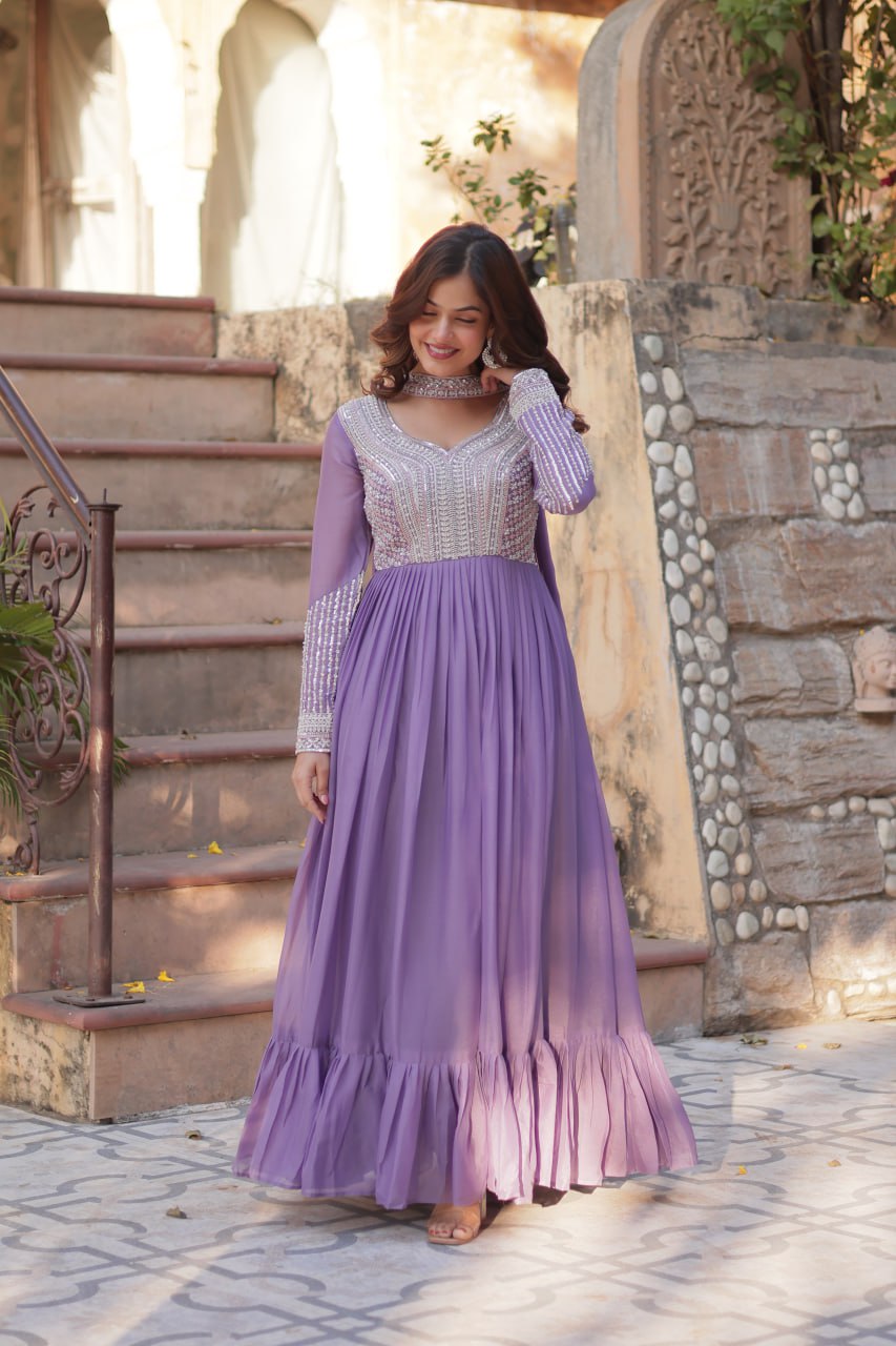 Exquisite Georgette Embroidered Beads Sequins Worked Gown With Dupatta - Ethnicwish