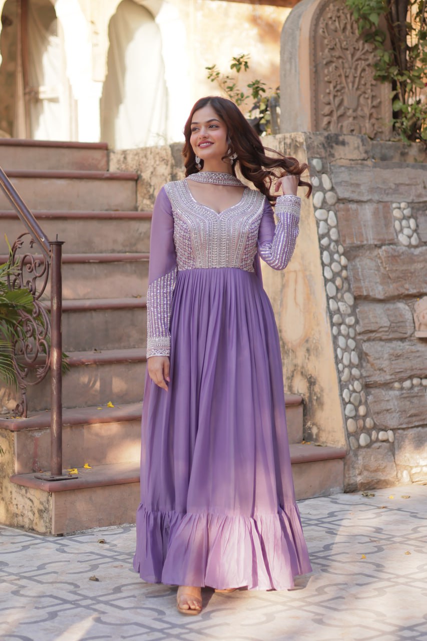 Exquisite Georgette Embroidered Beads Sequins Worked Gown With Dupatta - Ethnicwish