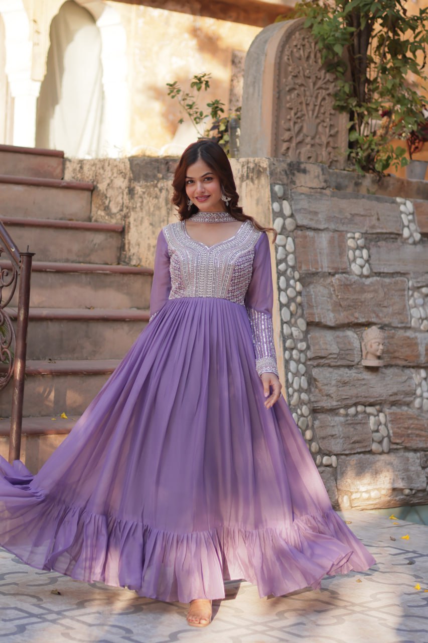 Exquisite Georgette Embroidered Beads Sequins Worked Gown With Dupatta - Ethnicwish