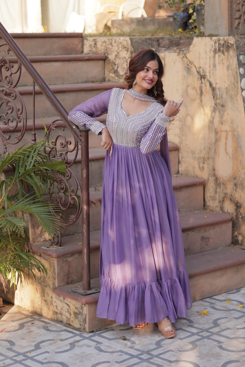 Exquisite Georgette Embroidered Beads Sequins Worked Gown With Dupatta - Ethnicwish