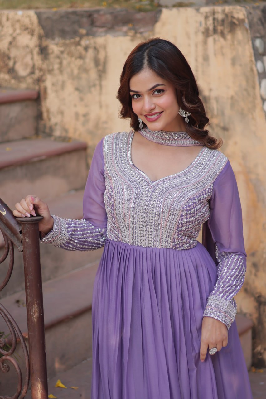 Exquisite Georgette Embroidered Beads Sequins Worked Gown With Dupatta - Ethnicwish