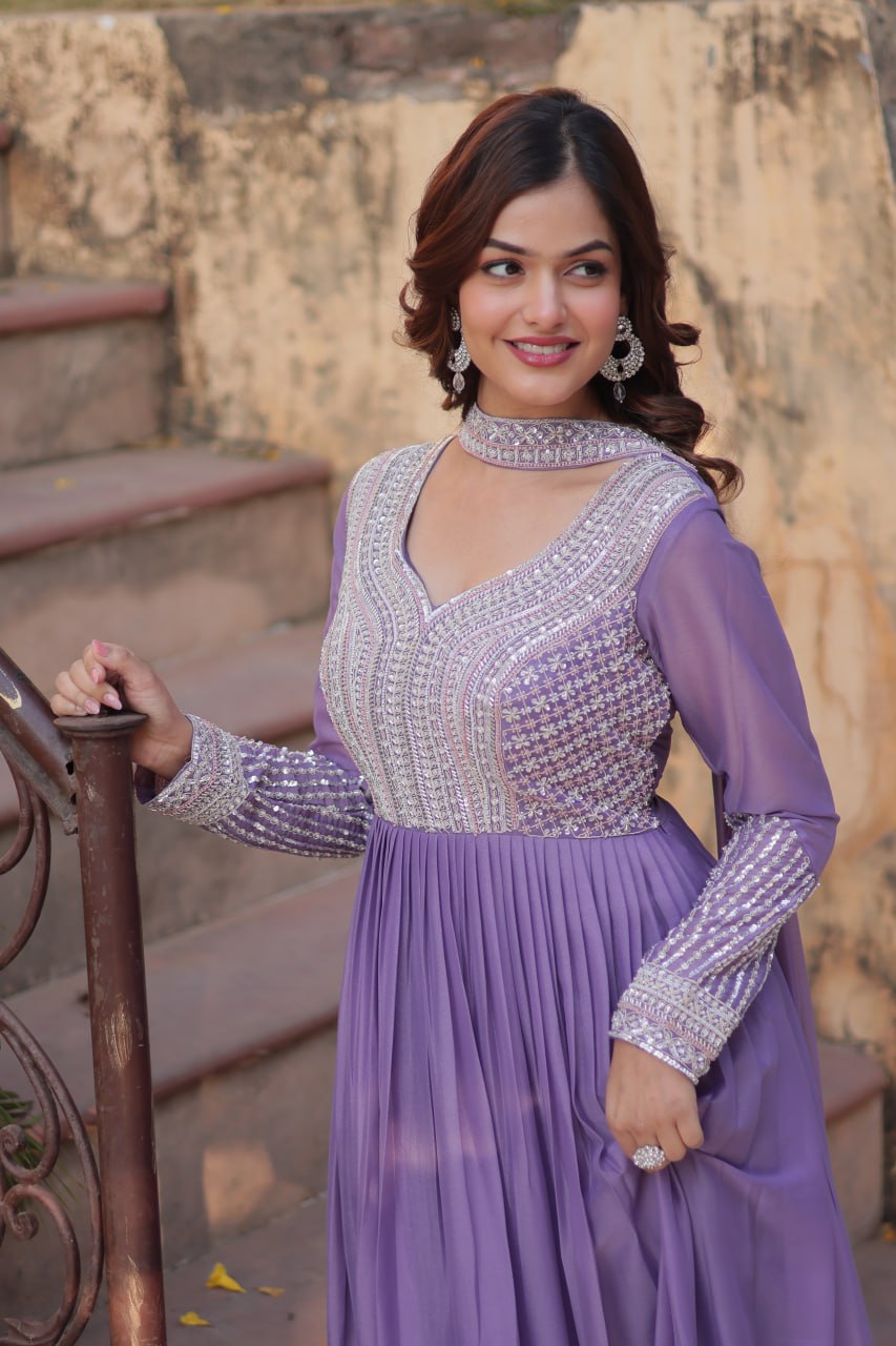 Exquisite Georgette Embroidered Beads Sequins Worked Gown With Dupatta - Ethnicwish