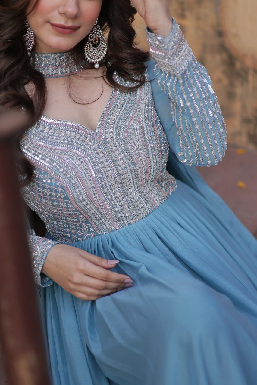 Exquisite Georgette Embroidered Beads Sequins Worked Gown With Dupatta - Ethnicwish
