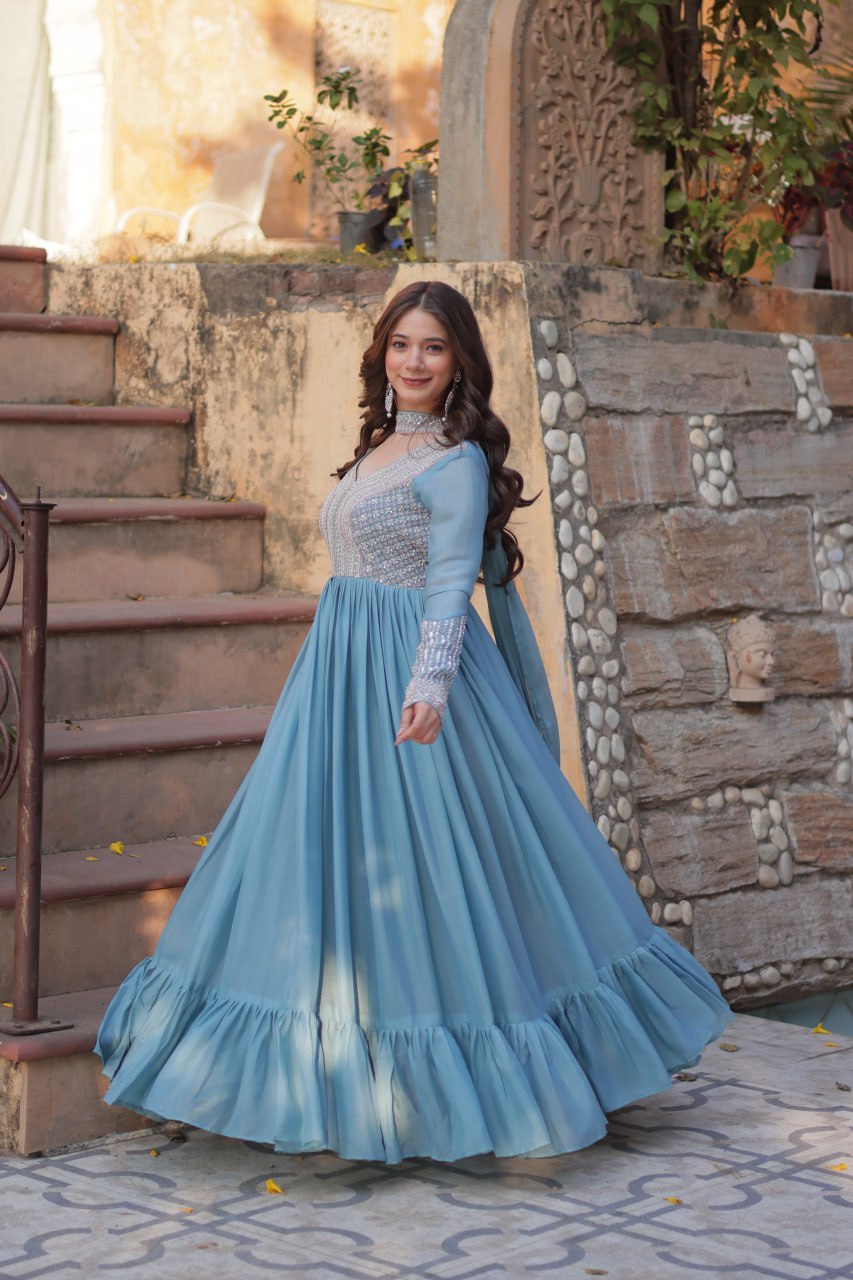 Exquisite Georgette Embroidered Beads Sequins Worked Gown With Dupatta - Ethnicwish