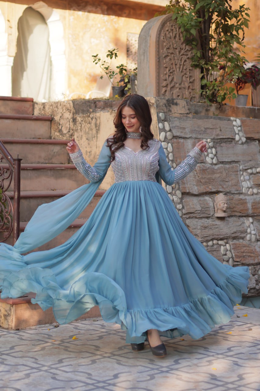 Exquisite Georgette Embroidered Beads Sequins Worked Gown With Dupatta - Ethnicwish