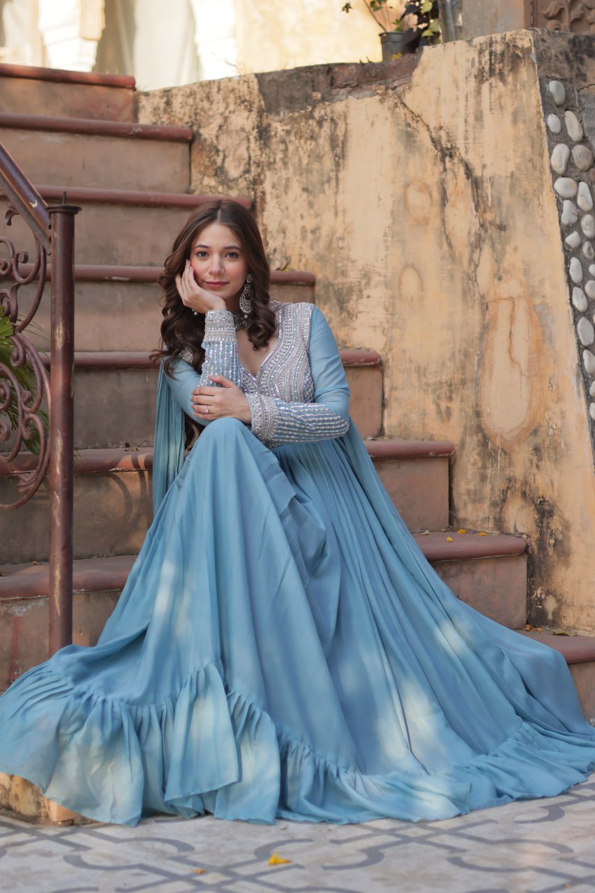 Exquisite Georgette Embroidered Beads Sequins Worked Gown With Dupatta - Ethnicwish