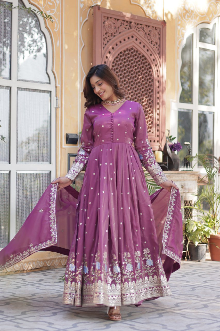 Viscose Cosmos Embroidered Gown Set With Dupatta