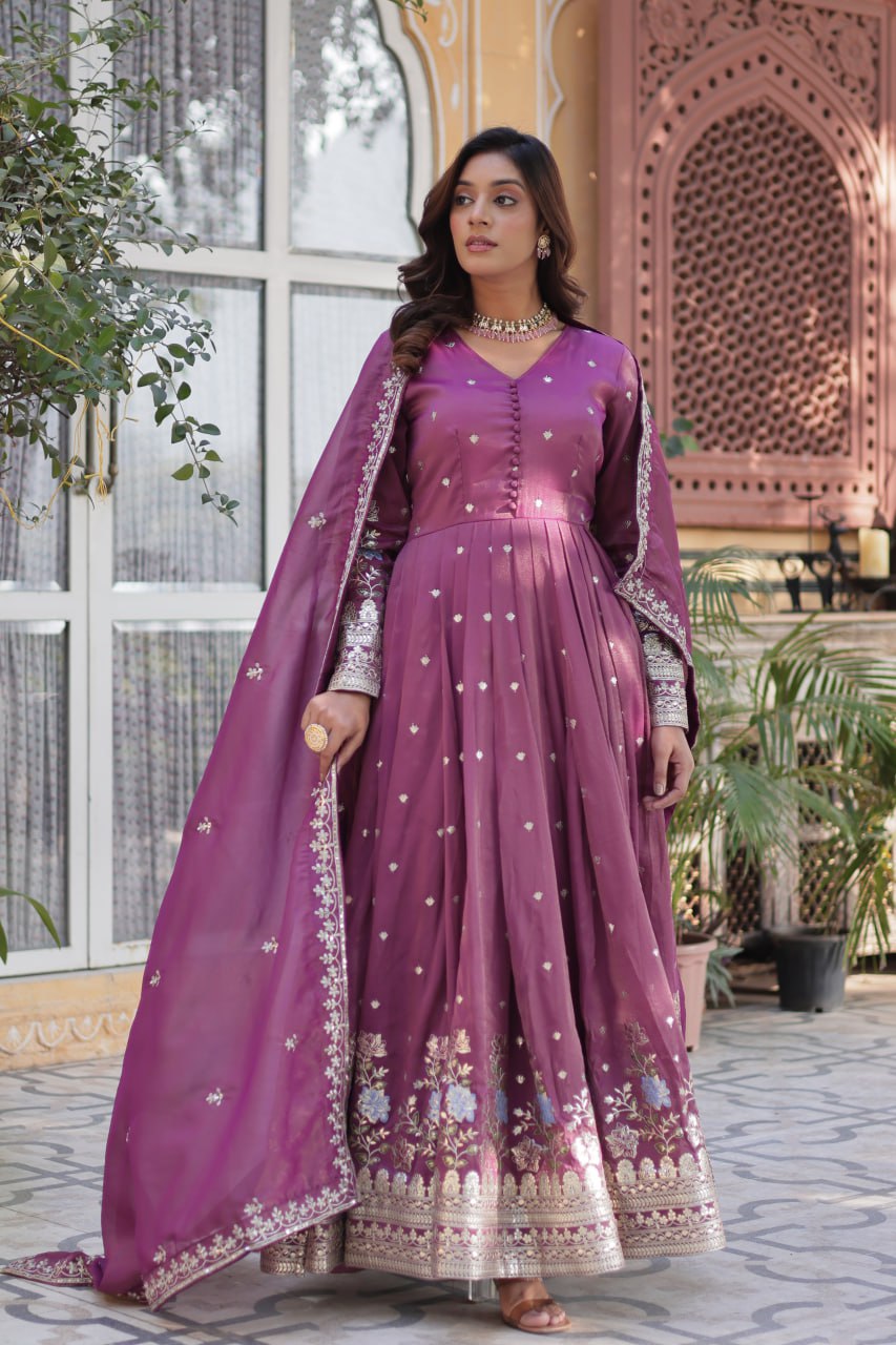 Viscose Cosmos Embroidered Gown Set With Dupatta