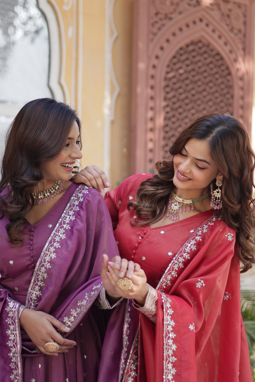 Viscose Cosmos Embroidered Gown Set With Dupatta