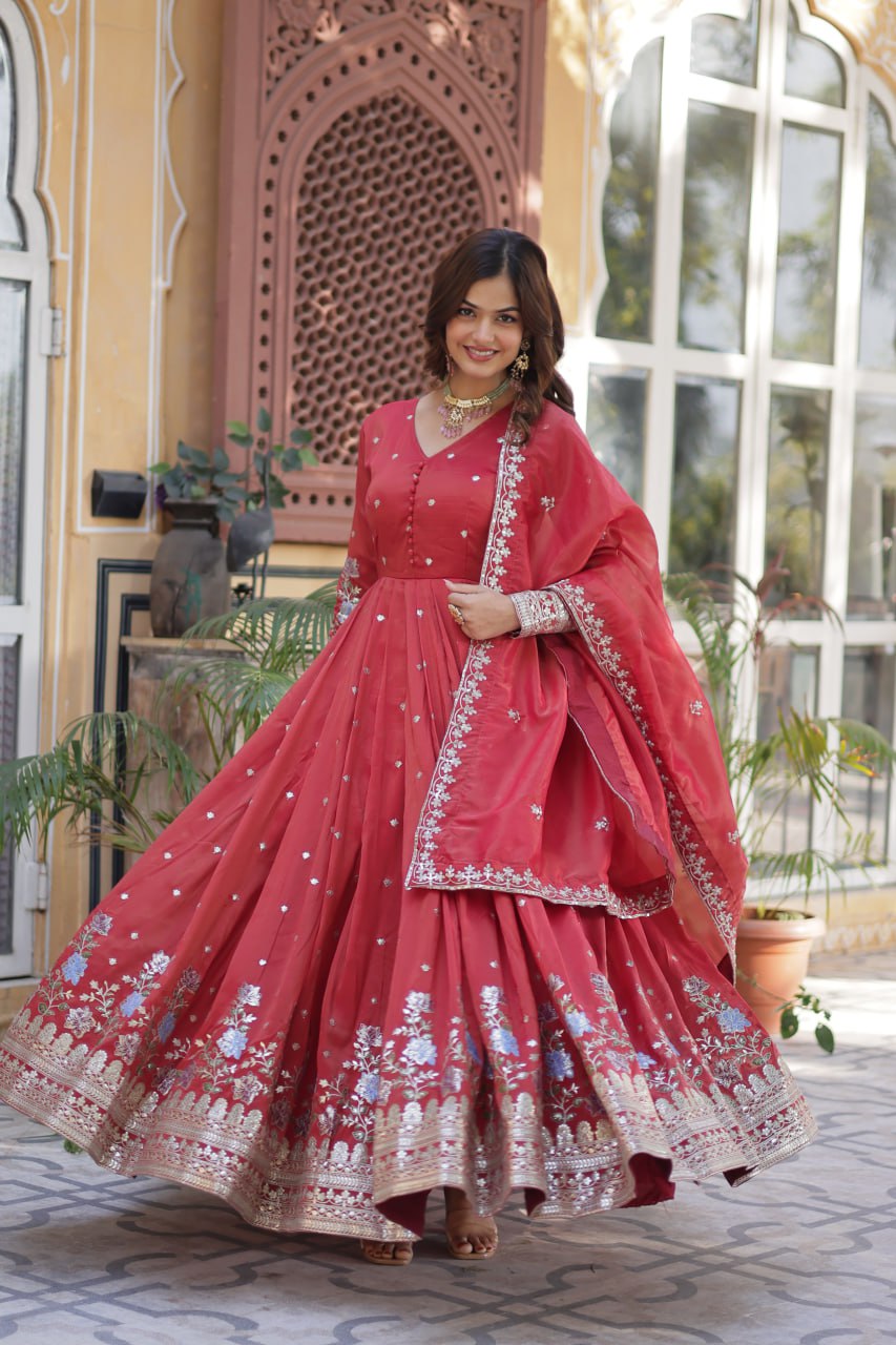 Viscose Cosmos Embroidered Gown Set With Dupatta