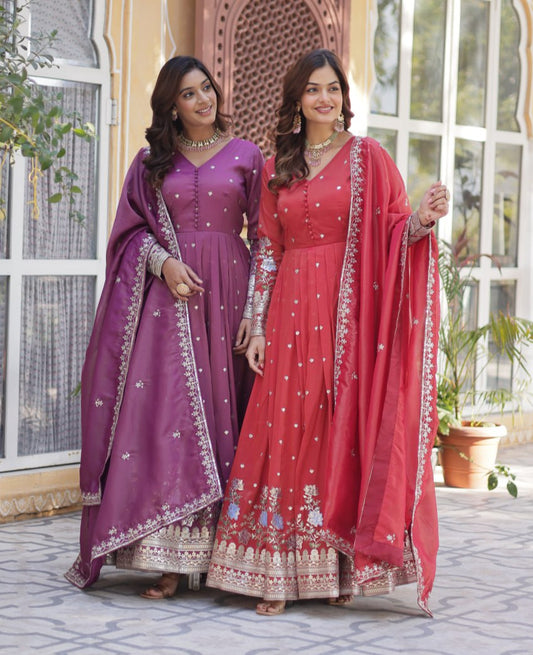 Viscose Cosmos Embroidered Gown Set With Dupatta