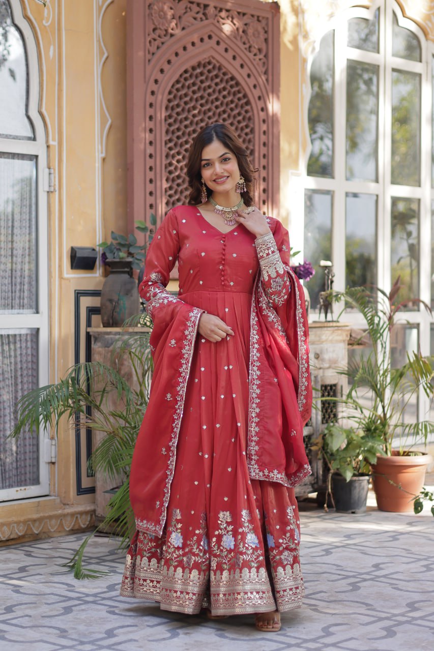 Viscose Cosmos Embroidered Gown Set With Dupatta